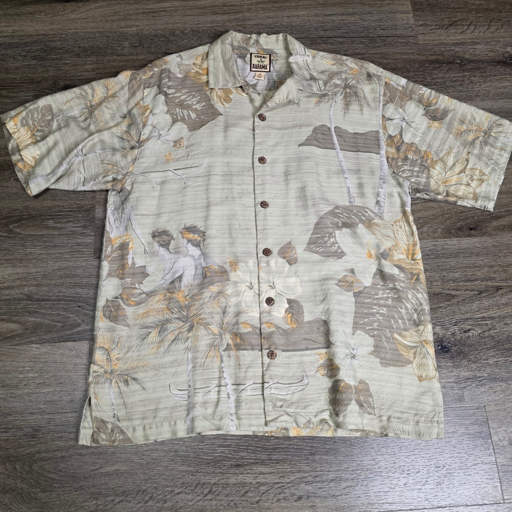 Tommy Bahama Mens Medium Shirt Silk Green Tropical‎ Hula Scenic Camp Button Down